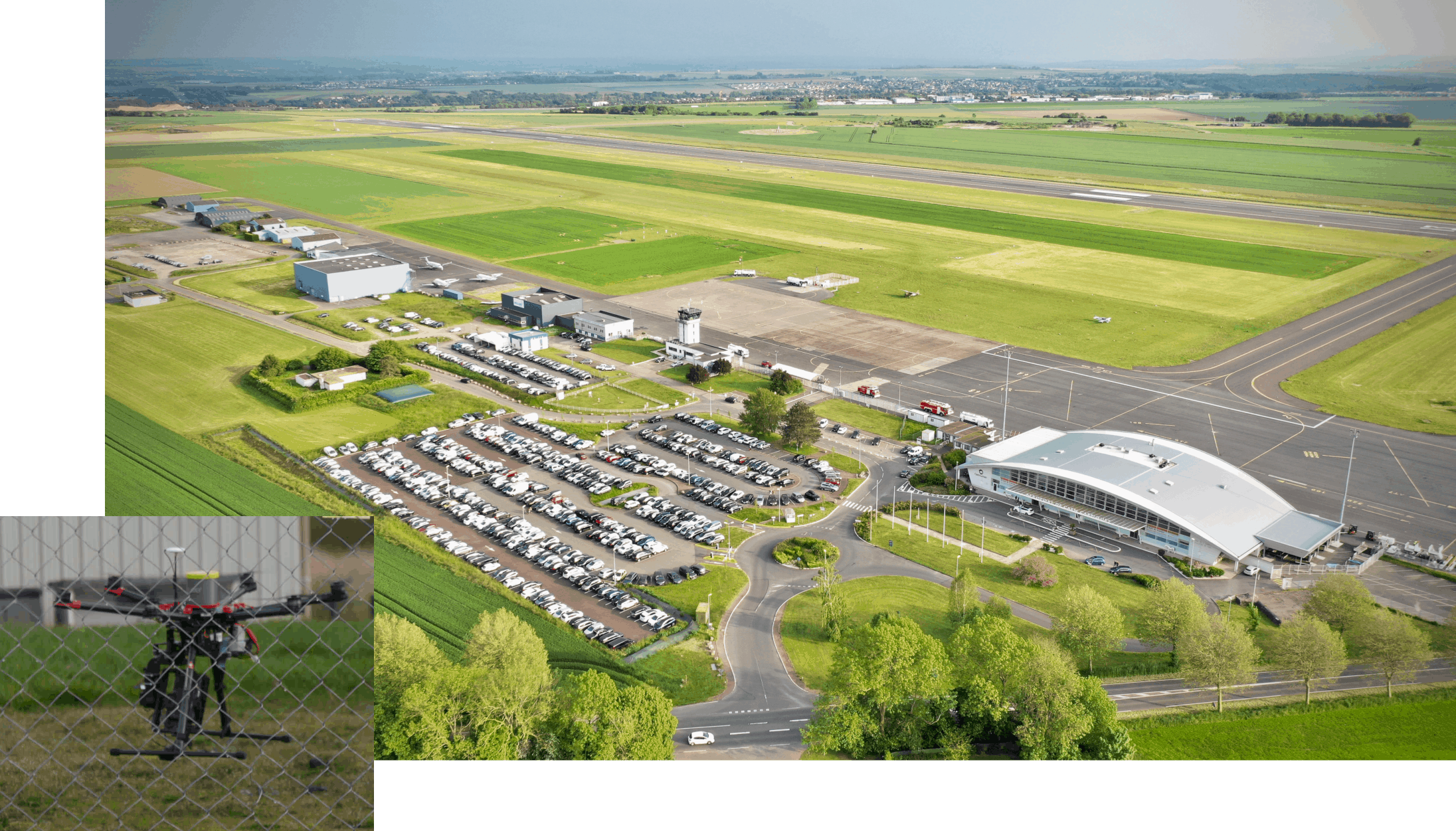 General view of Caen-Carpiquet airport and an inspection drone