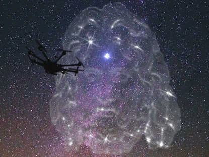 Drone flying in front of Coeus appearing among the stars at night